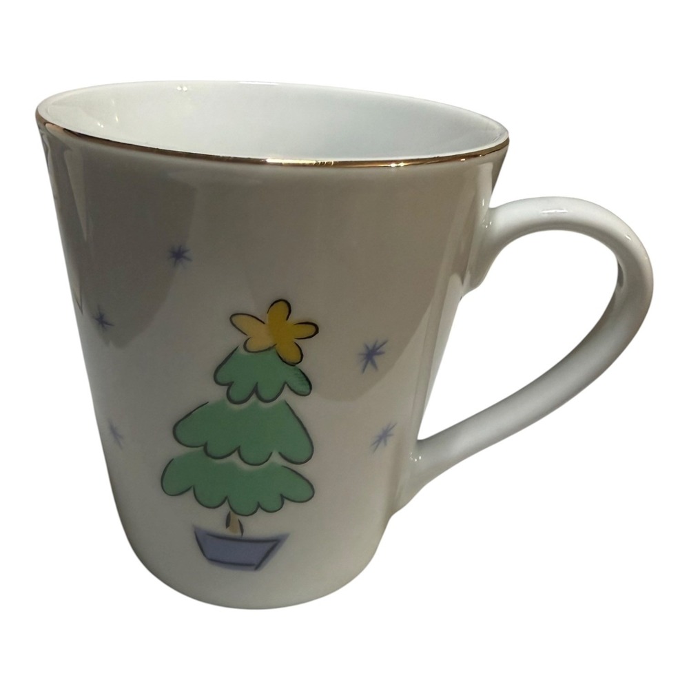Merry Brite Christmas Coffee Mug White Gold Rim Holiday Tree Merry Christmas